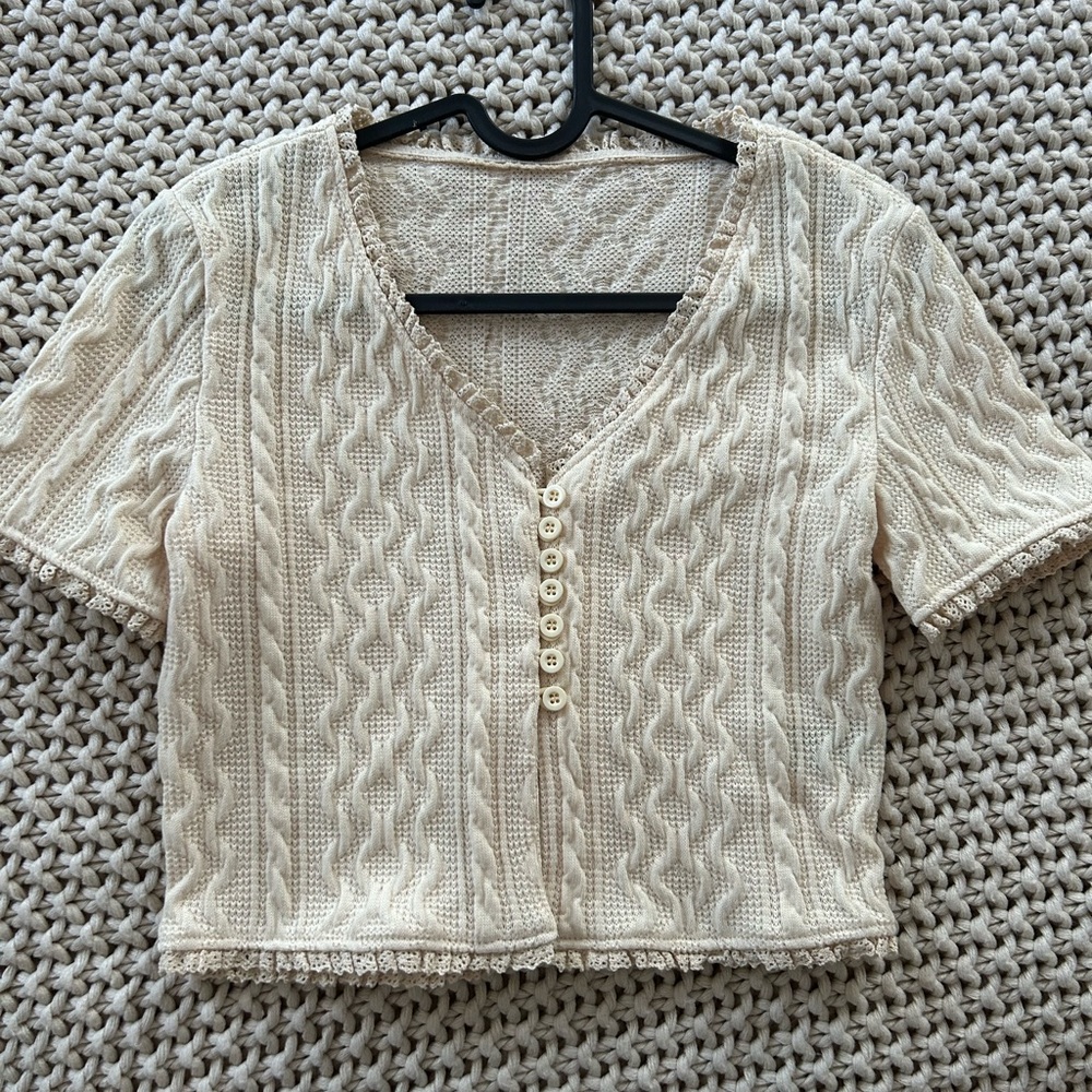 Cream Knit Front Button Tee